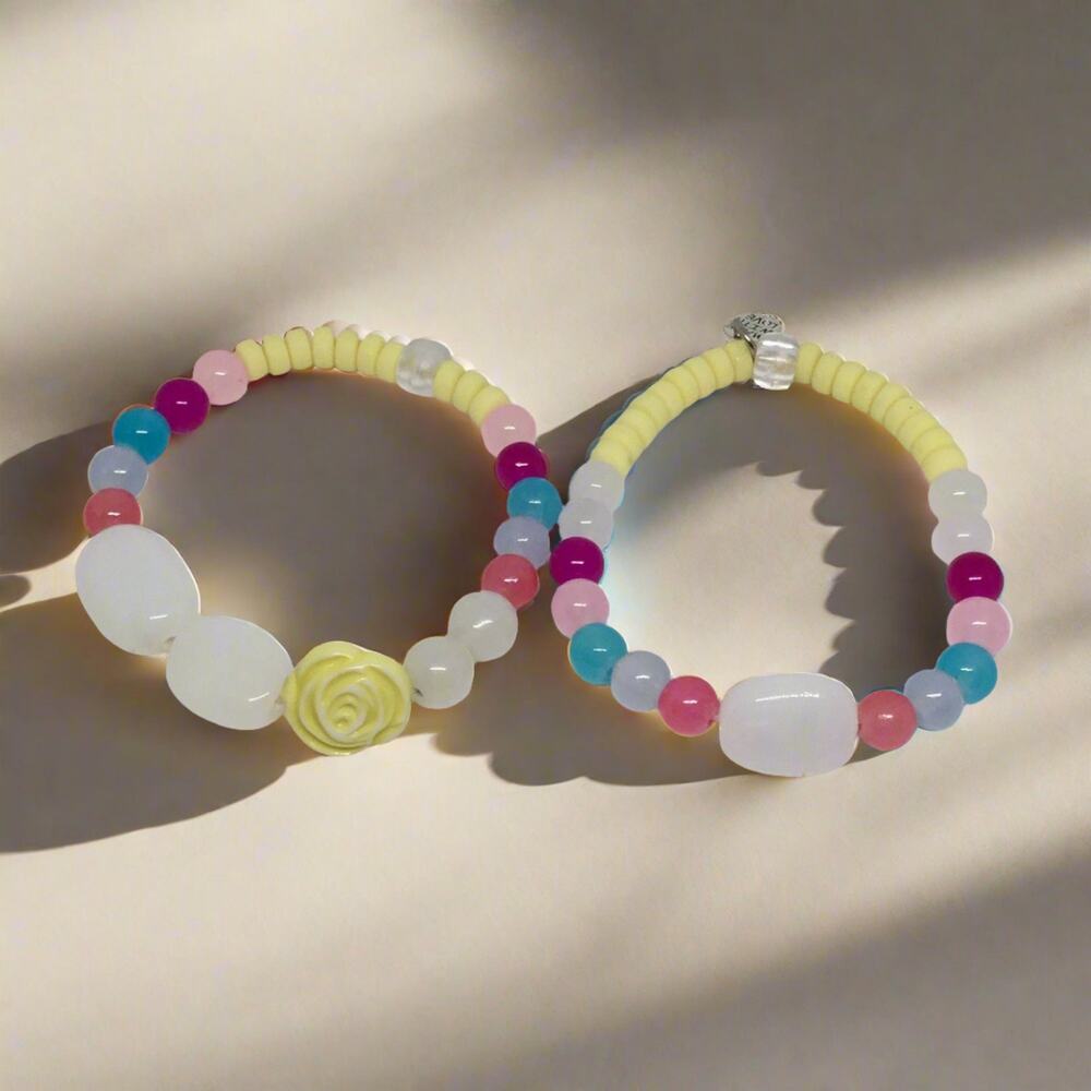 Boho Chic Glass Clay Beads Stretch Bracelet Set Pastel Colors Handmade Eclectic